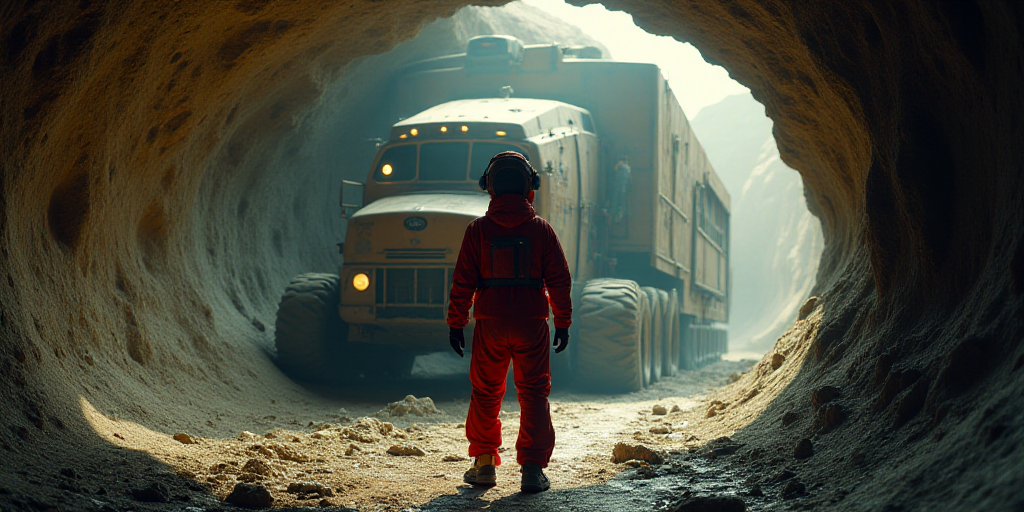 a man in a red suit standing in a tunnel with a large machine in it's back ground, Colijn de Coter,