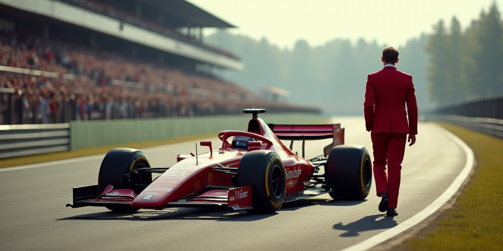 a man in a red suit walking next to a race car on a track with a crowd of people watching, Emanuel B