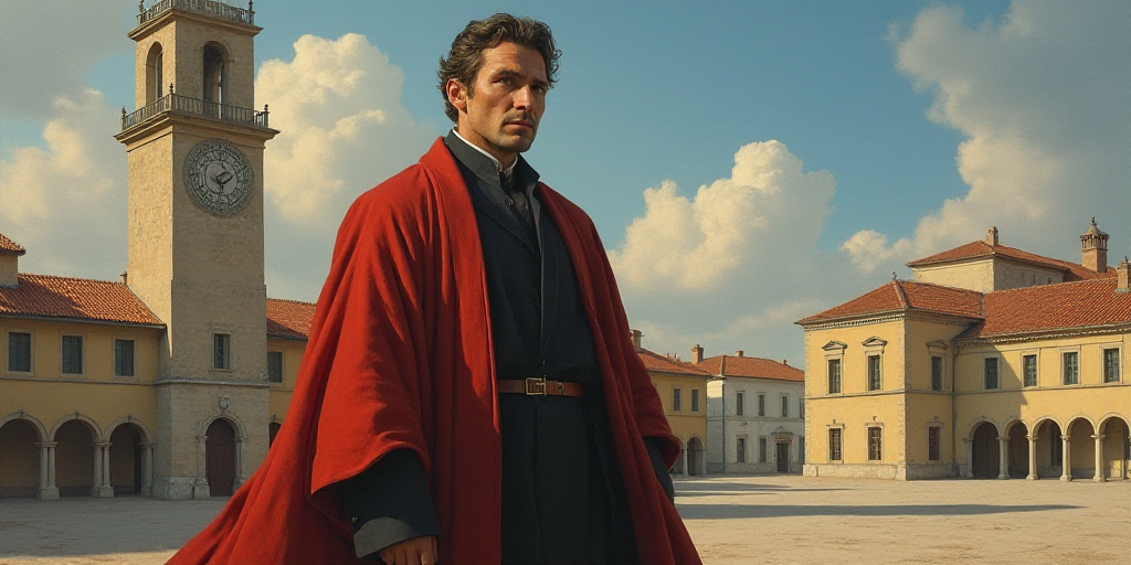 a man in a robe standing in front of a building with a clock tower in the background and a building