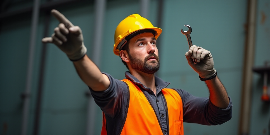a man in a safety vest is holding a wrench and pointing at something in the air with his right hand,