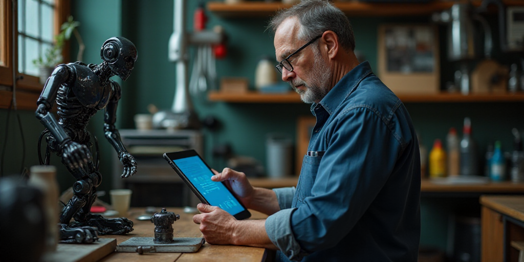a man in a shop looking at a tablet computer and holding a tool in his hands and looking at the scre