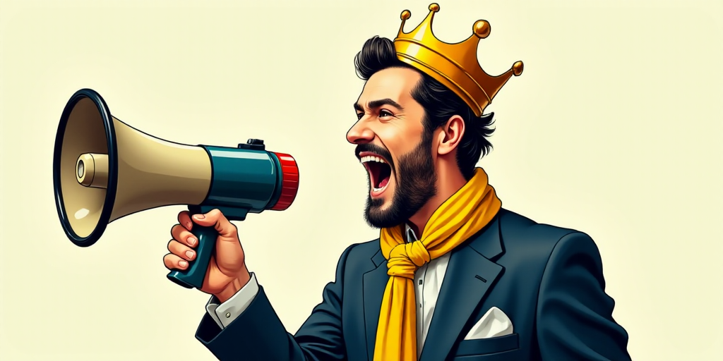 a man in a suit and crown holding a megaphone and a yellow scarf around his neck and a yellow ribbon