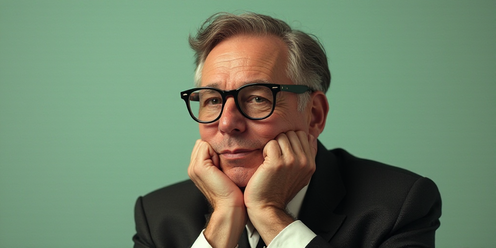 a man in a suit and glasses is posing for a picture with his hands on his chins and his chin resting