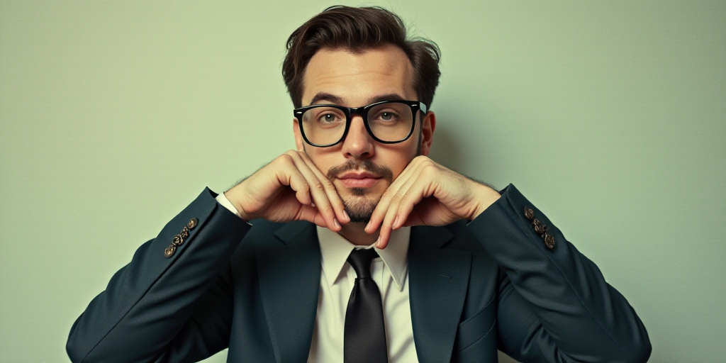 a man in a suit and glasses is posing for a picture with his hands on his chins and his chin resting