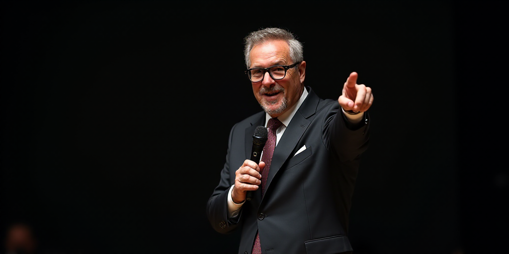 a man in a suit and glasses is holding a microphone and pointing at the camera with his right hand,