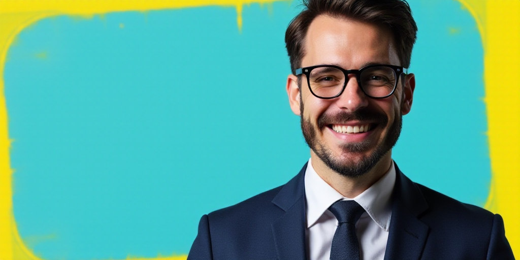 a man in a suit and glasses is smiling for the camera with a blue background and a yellow border, Ed