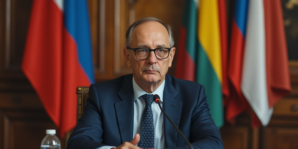 a man in a suit and glasses sitting in front of a sign with flags behind him and a microphone, Danie