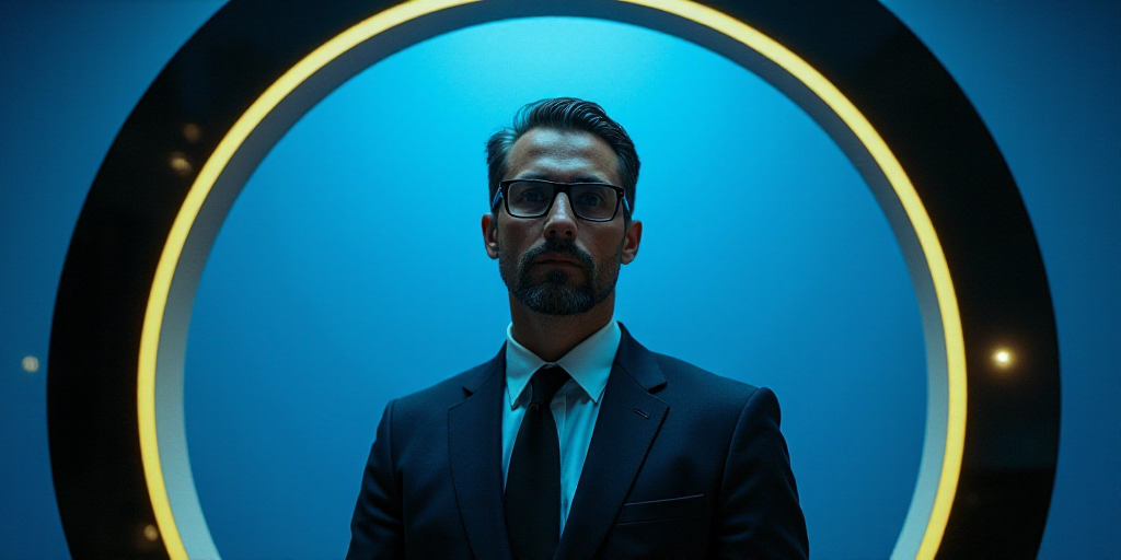 a man in a suit and glasses standing in front of a blue background with a yellow border and a black