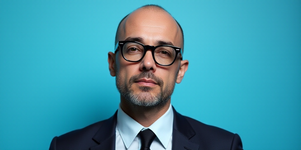 a man in a suit and glasses standing in front of a blue background with a black and white photo, Est