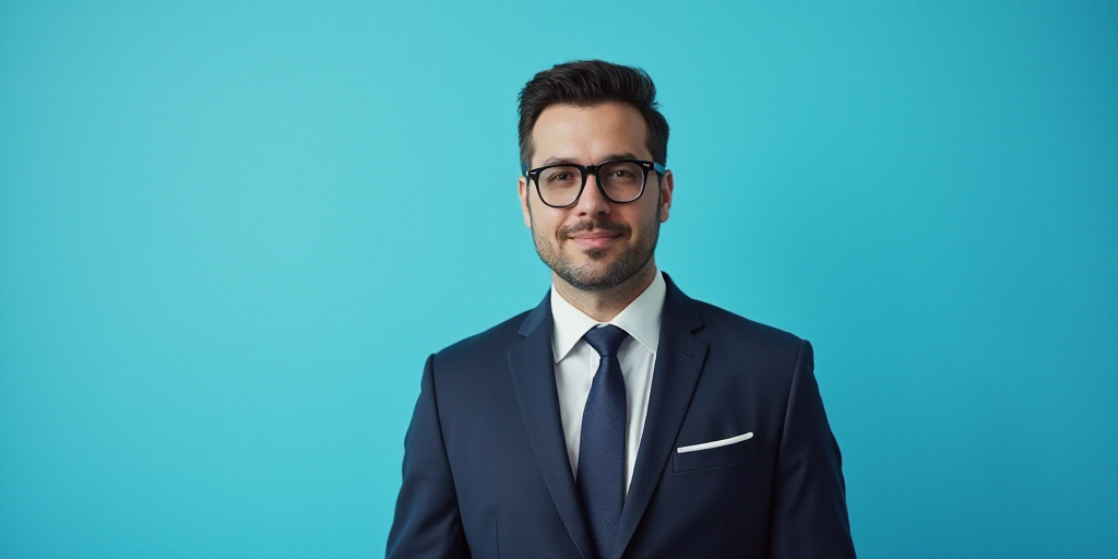 a man in a suit and glasses standing in front of a blue background with a black and white photo, Est