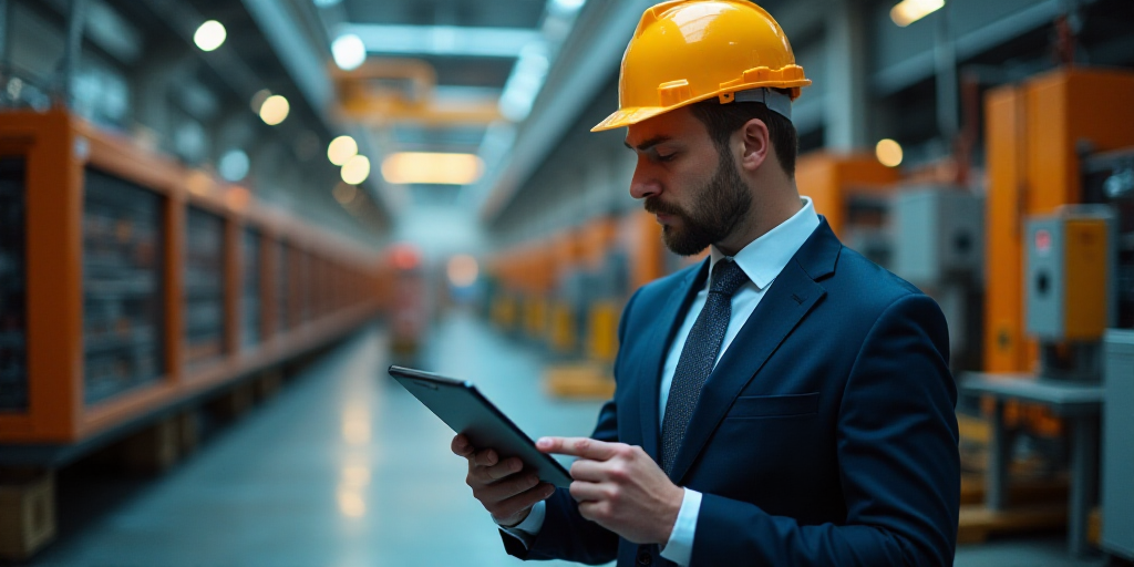a man in a suit and hard hat standing in a factory with a tablet computer in his hand and a colorful