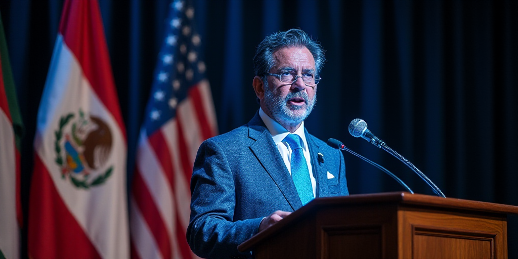 a man in a suit and tie giving a speech at a podium with flags behind him and a microphone in front