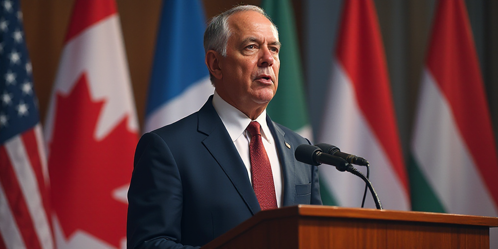 a man in a suit and tie giving a speech at a podium with flags behind him and a microphone in front