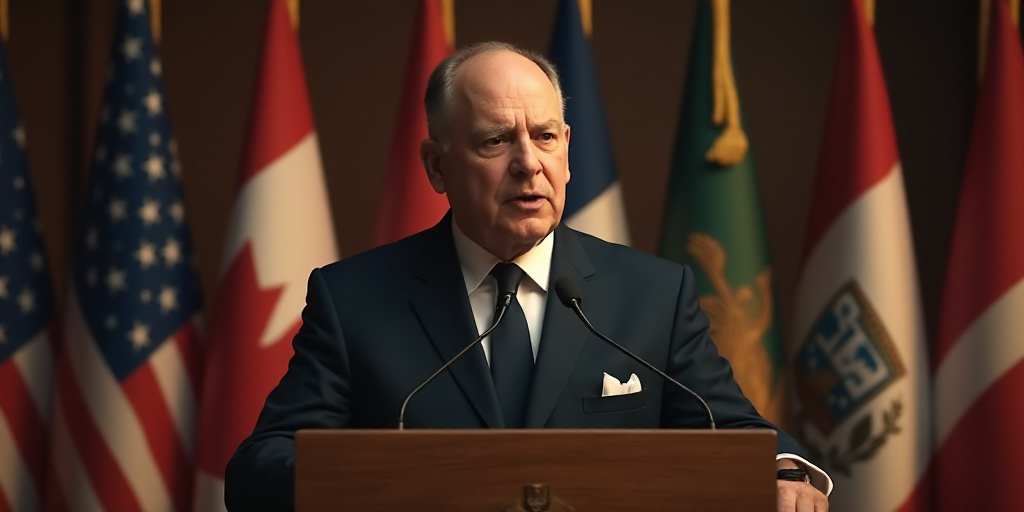 a man in a suit and tie giving a speech at a podium with flags behind him and a microphone in front
