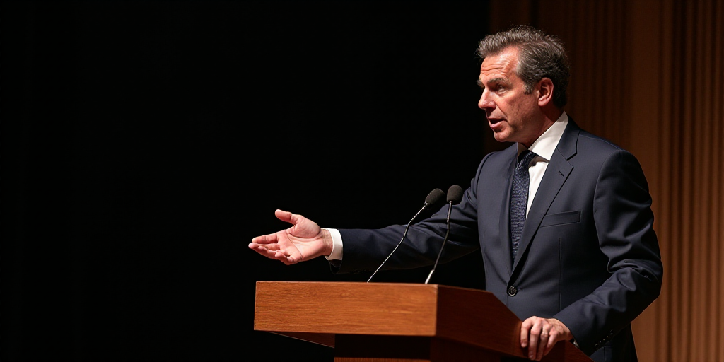 a man in a suit and tie giving a speech at a podium with his hand out to the side, Didier Mouron, th