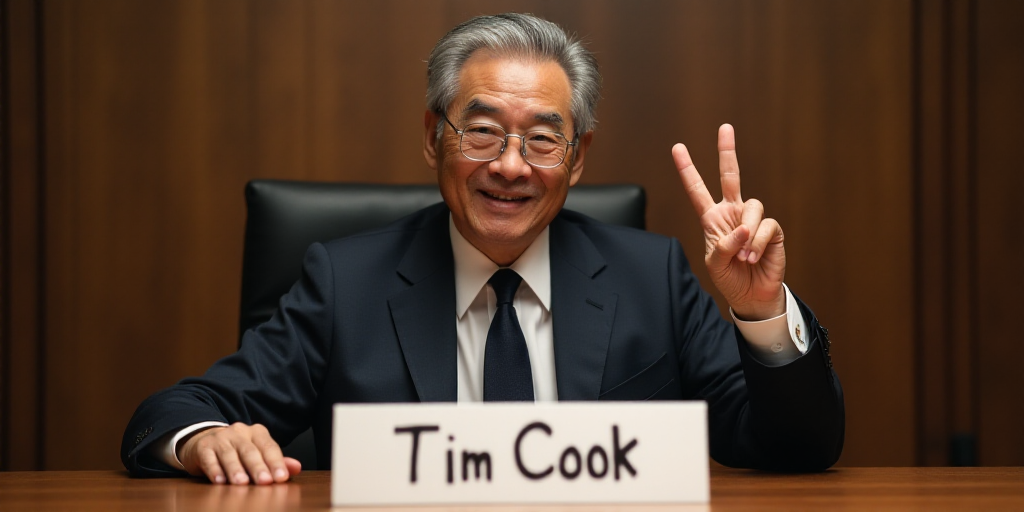 a man in a suit and tie giving a peace sign at a table with a sign that says tim cook, Cui Bai, face