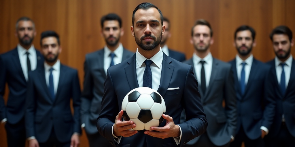 a man in a suit and tie holding a soccer ball in front of a group of other men in suits, Ahmed Yacou