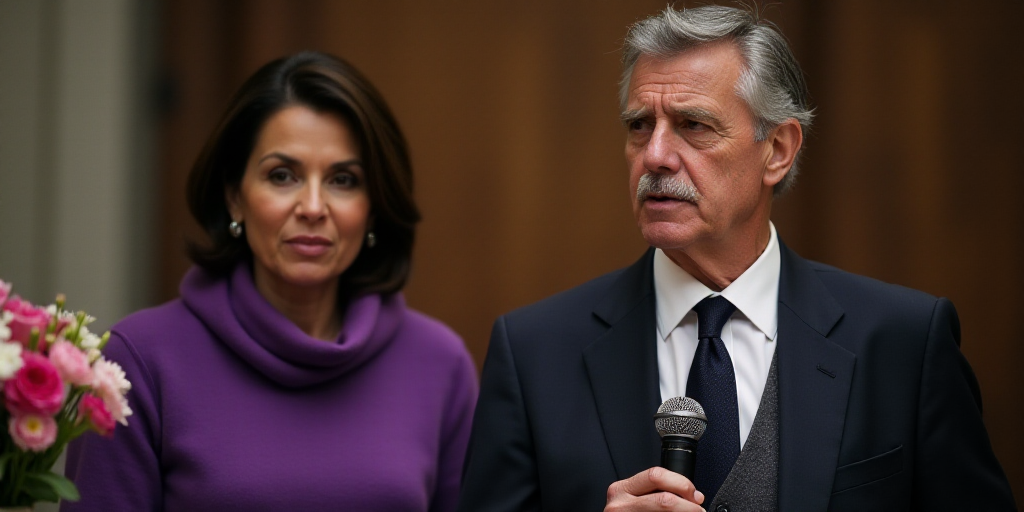 a man in a suit and tie holding a microphone in front of a woman in a purple sweater and a vase with