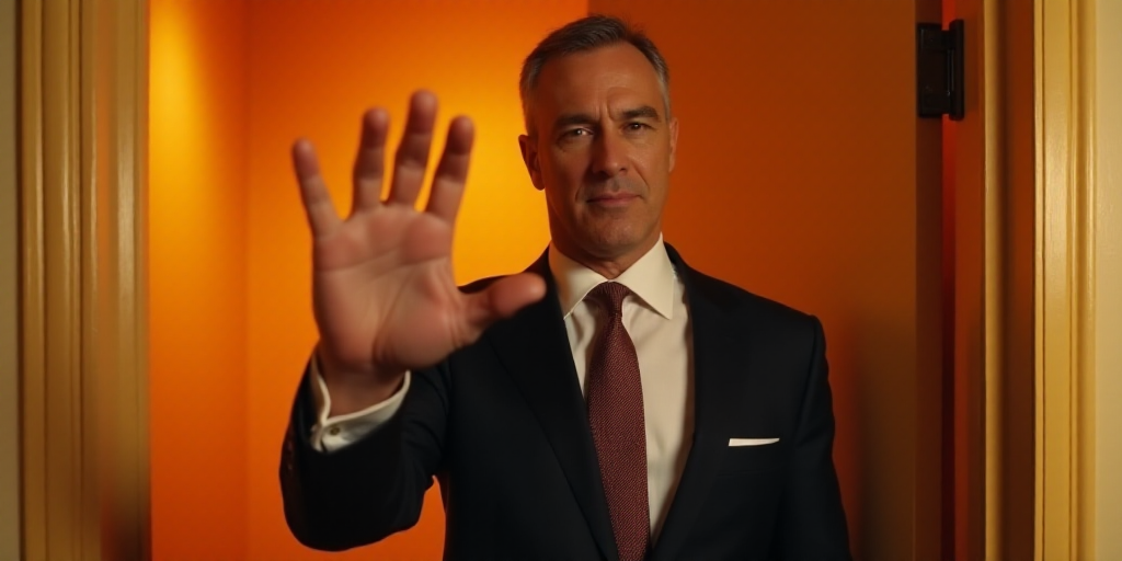 a man in a suit and tie is holding his hand up to the camera while standing in front of a door, Dona