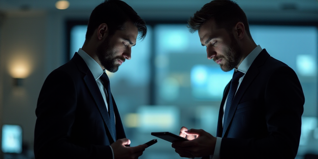 a man in a suit and tie looking at a tablet screen while another man in a suit looks at a tablet scr