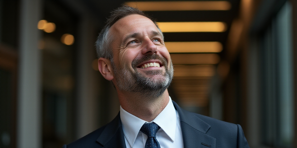 a man in a suit and tie looking up at something in the air with a smile on his face, Bjørn Wiinblad