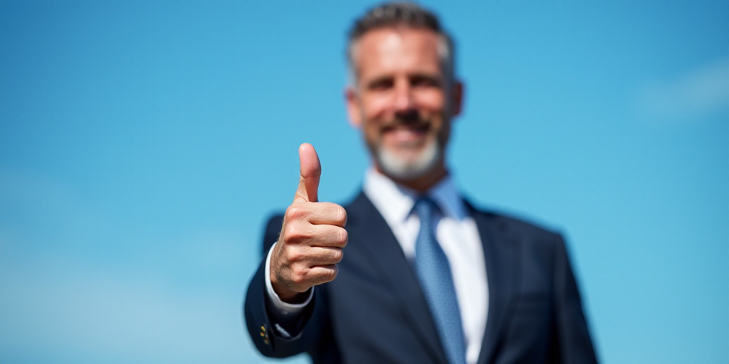 a man in a suit and tie making a thumbs up sign with his hand and a blue sky in the background, Dona