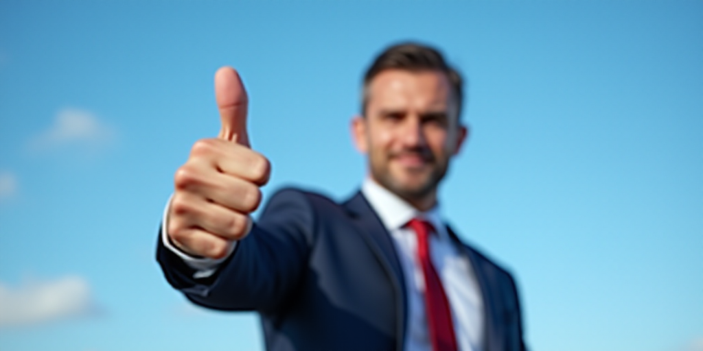 a man in a suit and tie making a thumbs up sign with his hand and a blue sky in the background, Dona