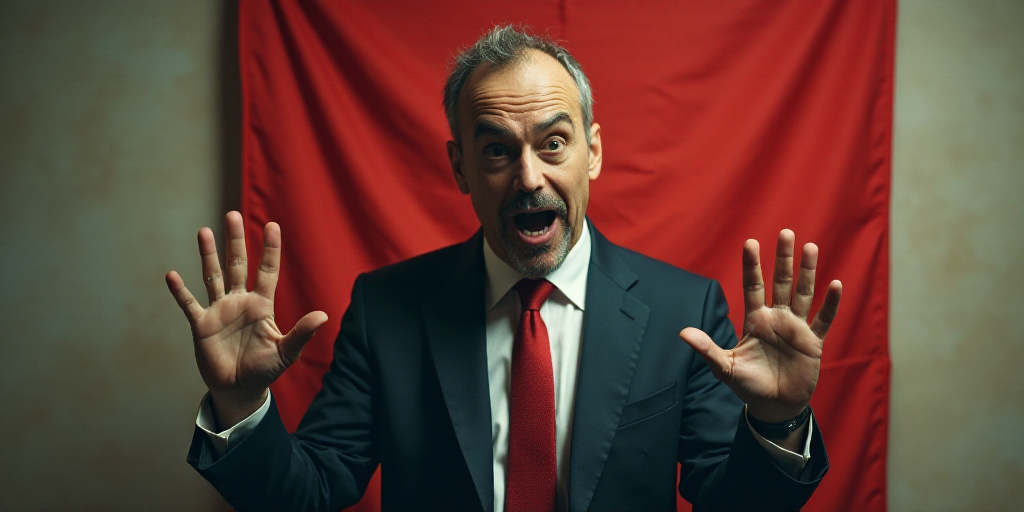 a man in a suit and tie making a hand gesture with his fingers in front of him and a flag behind him