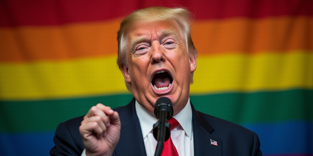 a man in a suit and tie making a face with a microphone in front of him and a rainbow flag behind hi