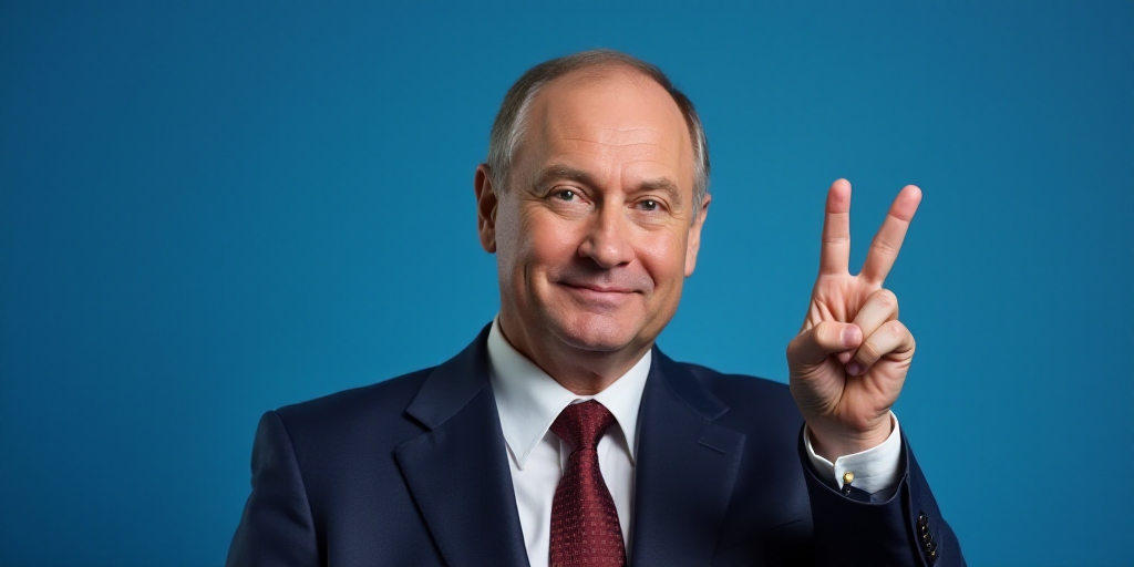 a man in a suit and tie making a peace sign with his hand and a blue background with a blue backdrop