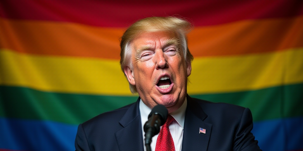 a man in a suit and tie making a face with a microphone in front of him and a rainbow flag behind hi