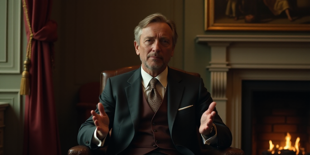 a man in a suit and tie sitting in a chair with his hands out in front of him and a fireplace in the