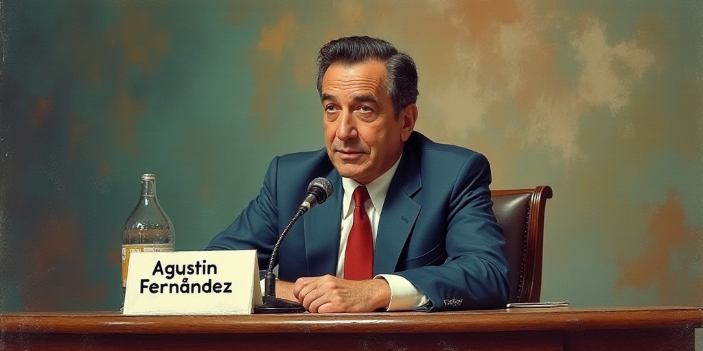 a man in a suit and tie sitting at a table with a microphone and a sign in front of him, Agustín Fe