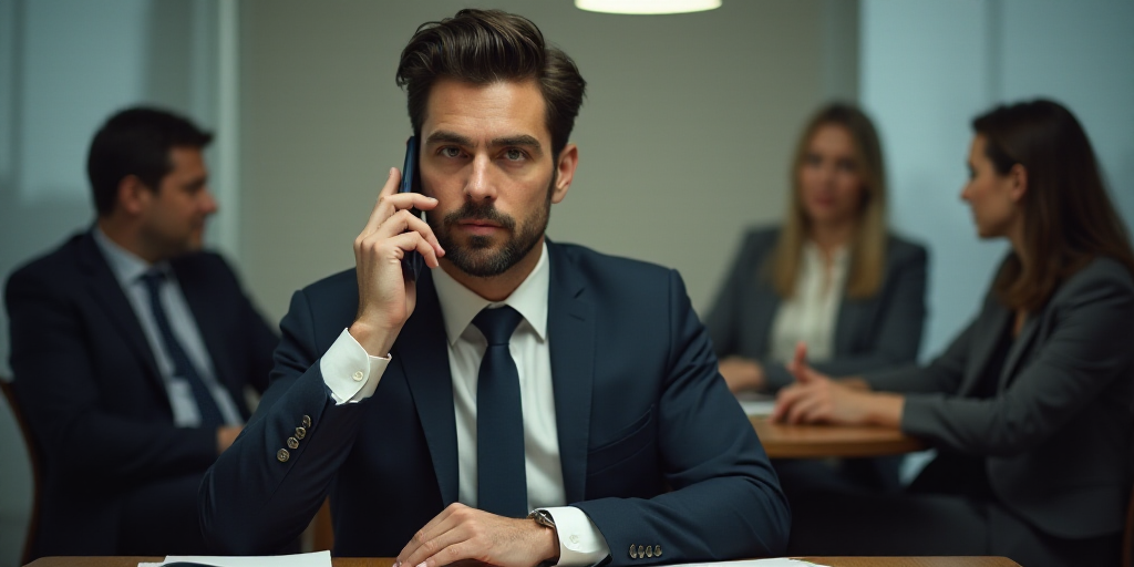 a man in a suit and tie sitting at a desk with other people in the background talking and holding a