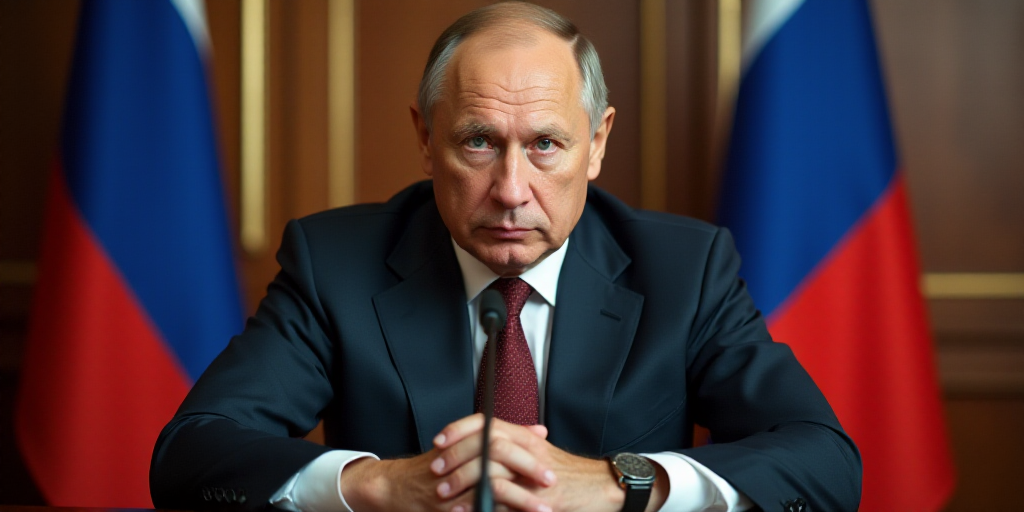 a man in a suit and tie sitting at a table with a microphone in front of him and a russian flag behi