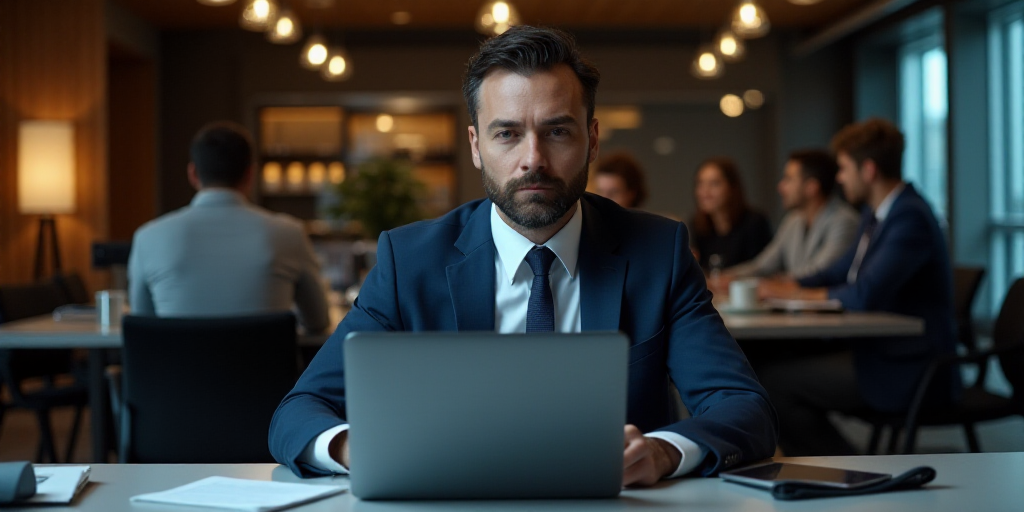 a man in a suit and tie sitting at a desk with a laptop and a tablet computer in front of him, Andri