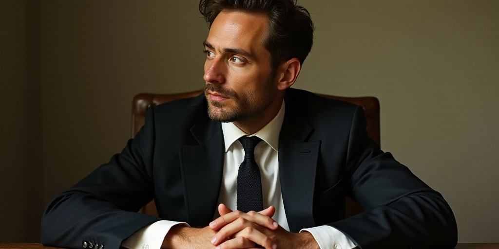 a man in a suit and tie sitting down with his hands folded out in front of him, looking off to the s