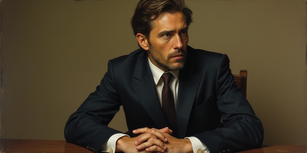 a man in a suit and tie sitting down with his hands folded out in front of him, looking off to the s