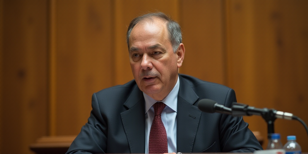 a man in a suit and tie sitting at a table with a microphone in front of him and a wooden wall behin