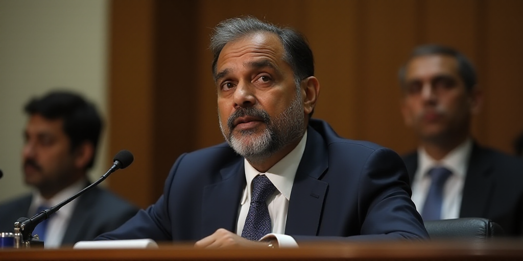 a man in a suit and tie sitting at a table with a microphone in front of him and a cell phone in the
