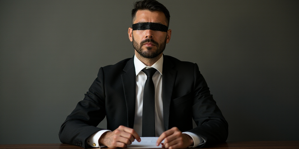 a man in a suit and tie sitting at a table with a black strip across his eye and a black strip acros