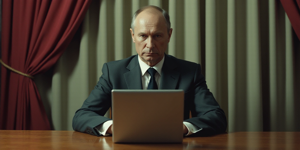 a man in a suit and tie sitting at a table with a laptop computer in front of him and a curtain behi