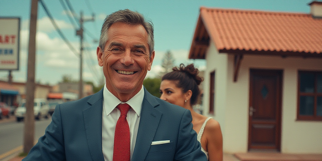 a man in a suit and tie smiling for the camera with a woman in the background behind him and a build
