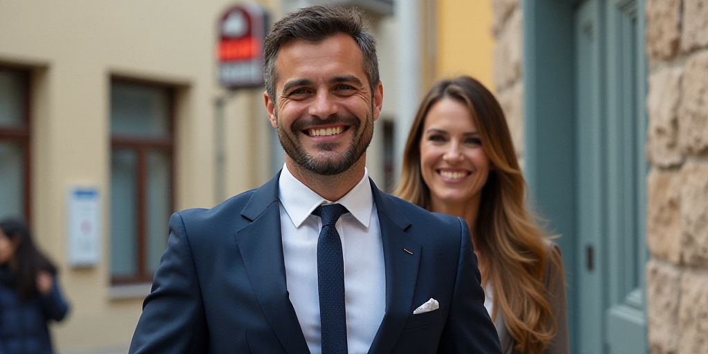 a man in a suit and tie smiling for the camera with a woman in the background behind him and a build