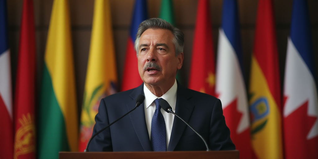 a man in a suit and tie speaking at a podium with flags behind him and a microphone in the foregroun