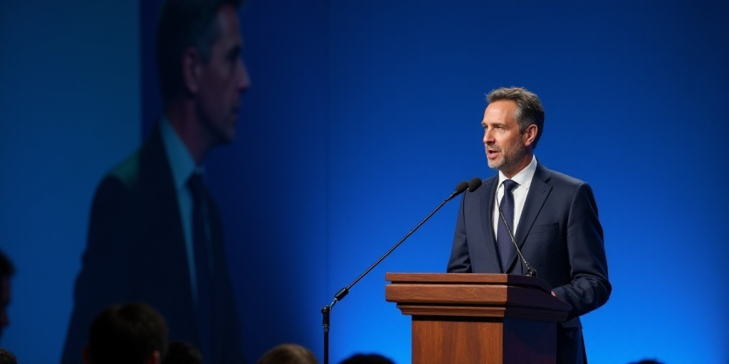 a man in a suit and tie speaking at a podium with a microphone in front of him and a blue background