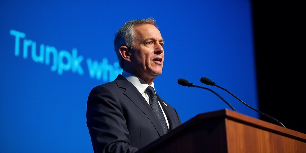 a man in a suit and tie speaking into a microphone at a podium with a blue screen behind him, Dahlov