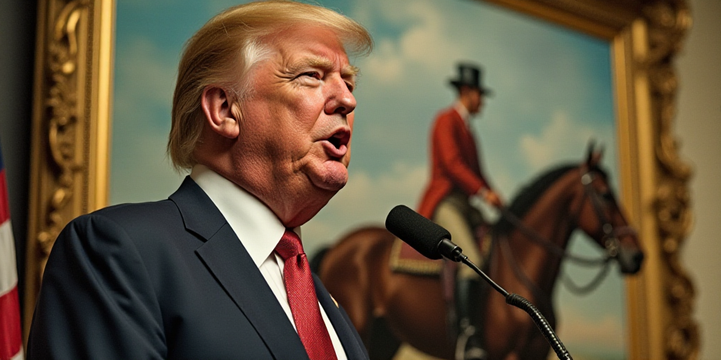 a man in a suit and tie speaking into a microphone in front of a painting of a horse and rider, Dona