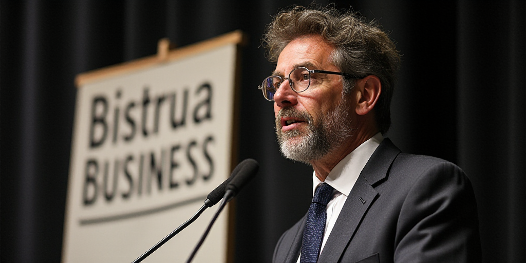 a man in a suit and tie speaking into a microphone with a sign behind him that says, bistrua busines