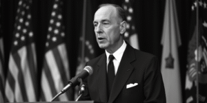 a man in a suit and tie speaking at a podium with flags behind him and a microphone in front of him,